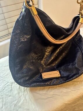 Marc by Marc Jacobs Black Leather Hobo with Tan Handle and Gold Plaque